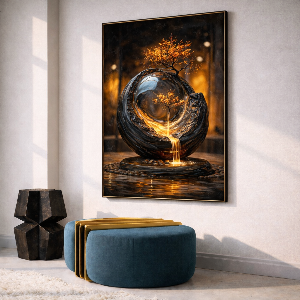 Instant Digital Download – Zen Stone Fountain Wall Art Set of 3 | Warm Gold Abstract Meditation Art | Printable Modern Living Room Decor