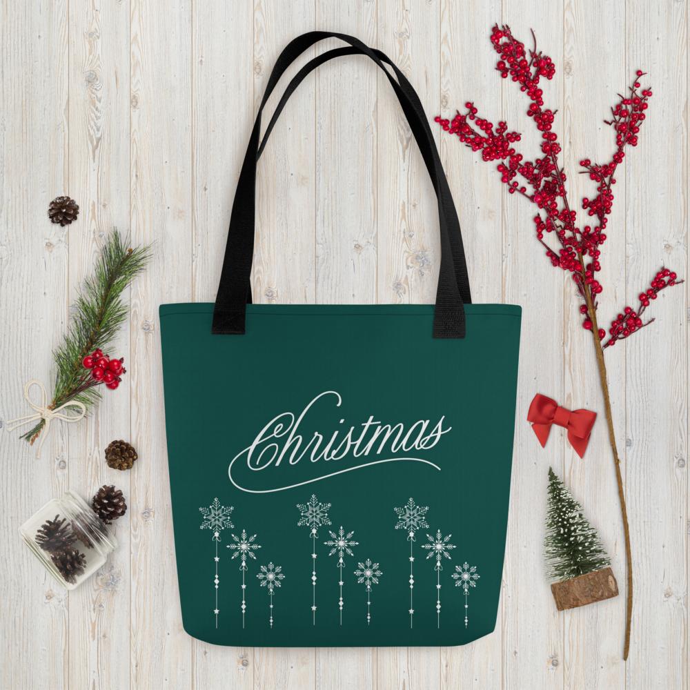 Green “Christmas” Tote Bag with White Holiday Elements – 15”x15” Festive Carryall
