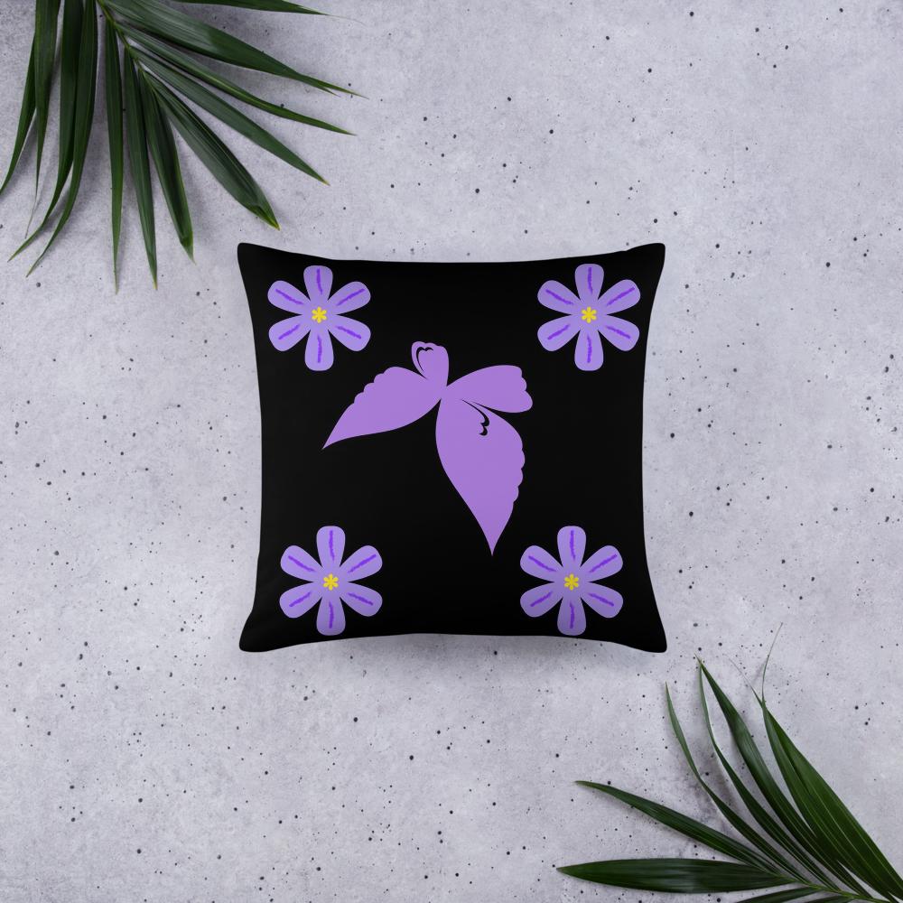 Black Throw Pillow with Purple Flowers & Central Bow – 18x18” | Elegant Floral Accent Cushion