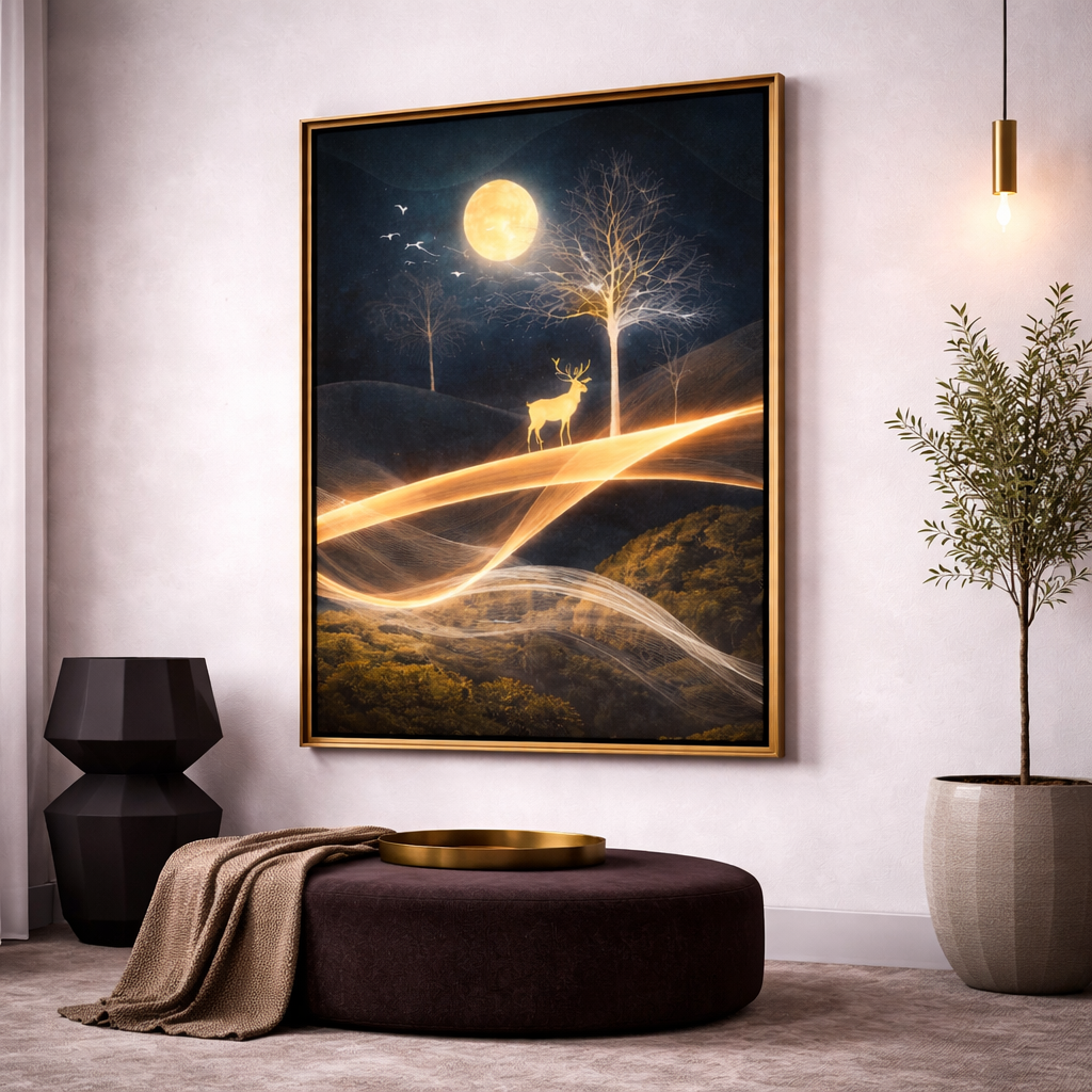 Moonlit Gold Deer Wall Art Set – Navy Blue Celestial Landscape Printable – Modern Luxury Digital Download (11x14, 16x20, 18x24, 24x36)
