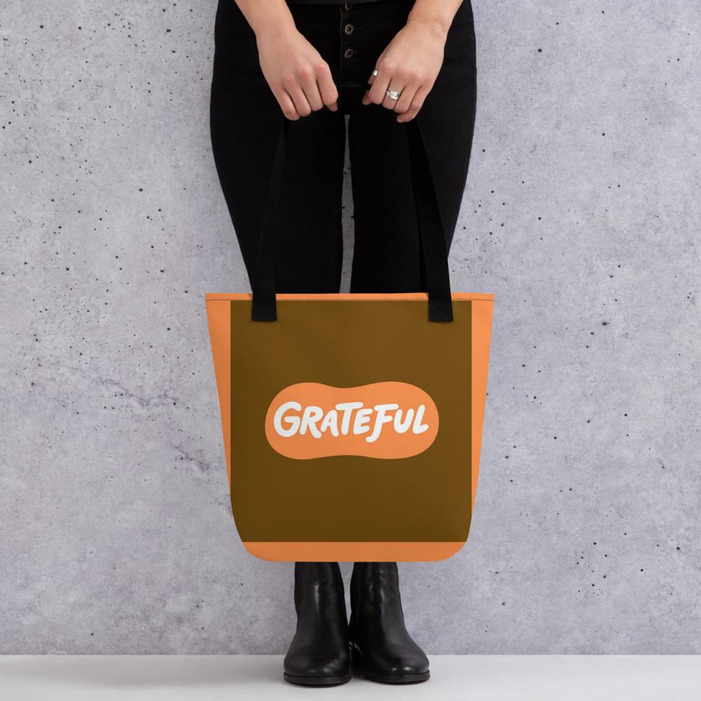 Brown & Orange “GRATEFUL” Tote Bag – 15”x15” Thanksgiving & Everyday Carryall