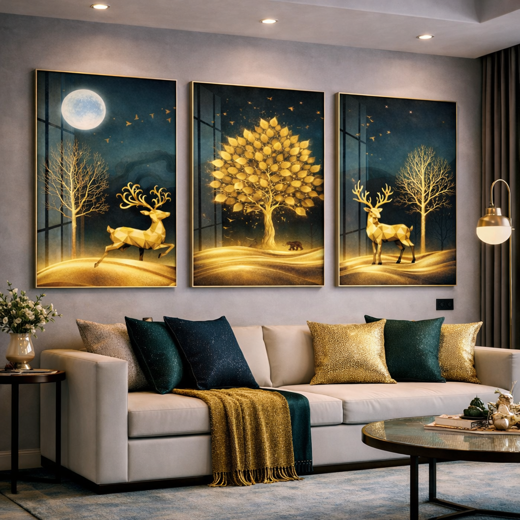 Gold Deer Wall Art Set – Luxury Moonlit Forest Printable Decor – Modern Wildlife Digital Download (11x14, 16x20, 18x24, 24x36)