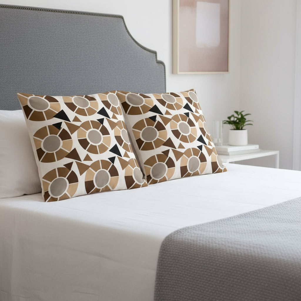 Modern Geometric Throw Pillow – 18x18” Brown, Beige & Black Accent on Light Tan Background