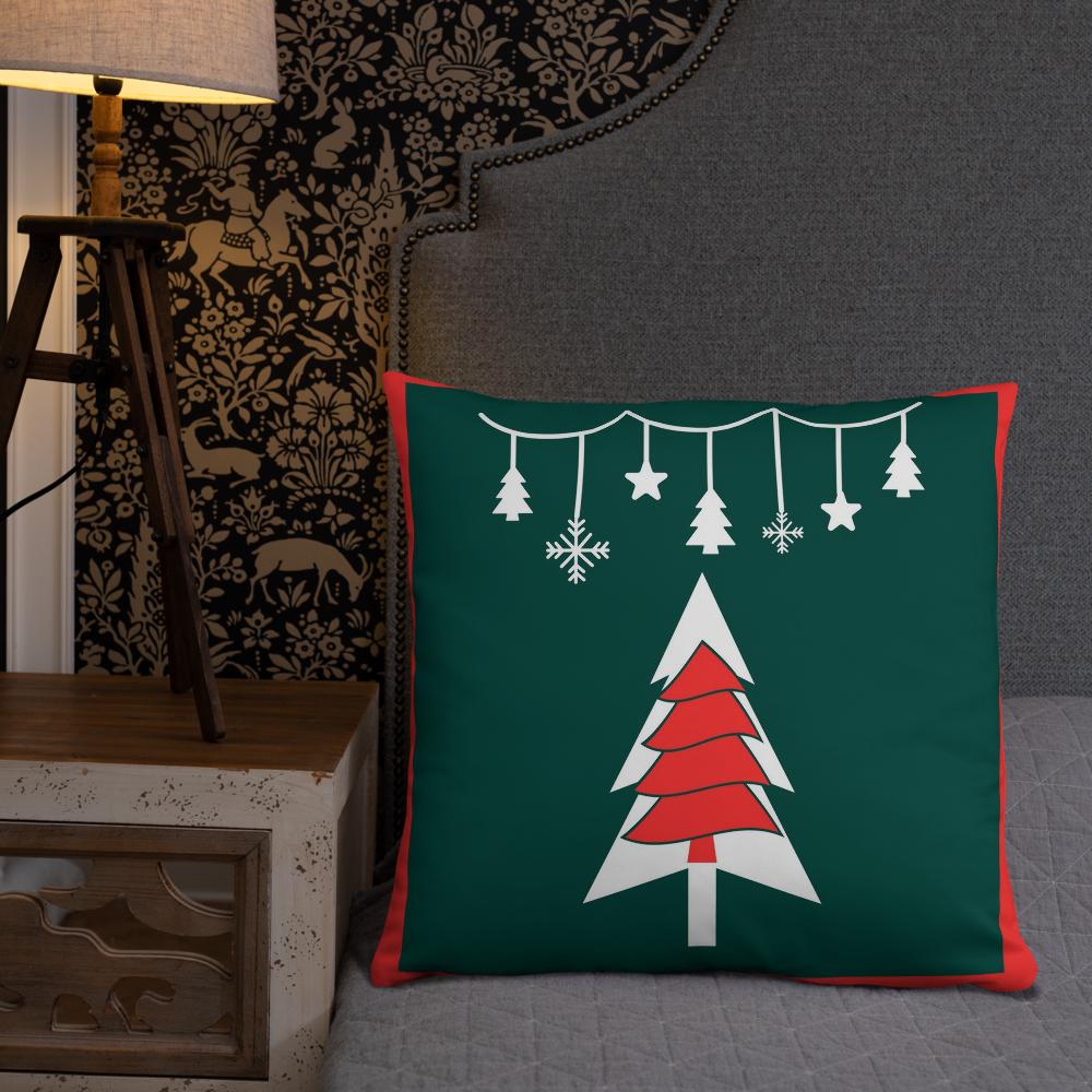 Festive Green & Red Christmas Tree Throw Pillow – 22x22” Holiday Cushion for Living Room & Bedroom Decorating