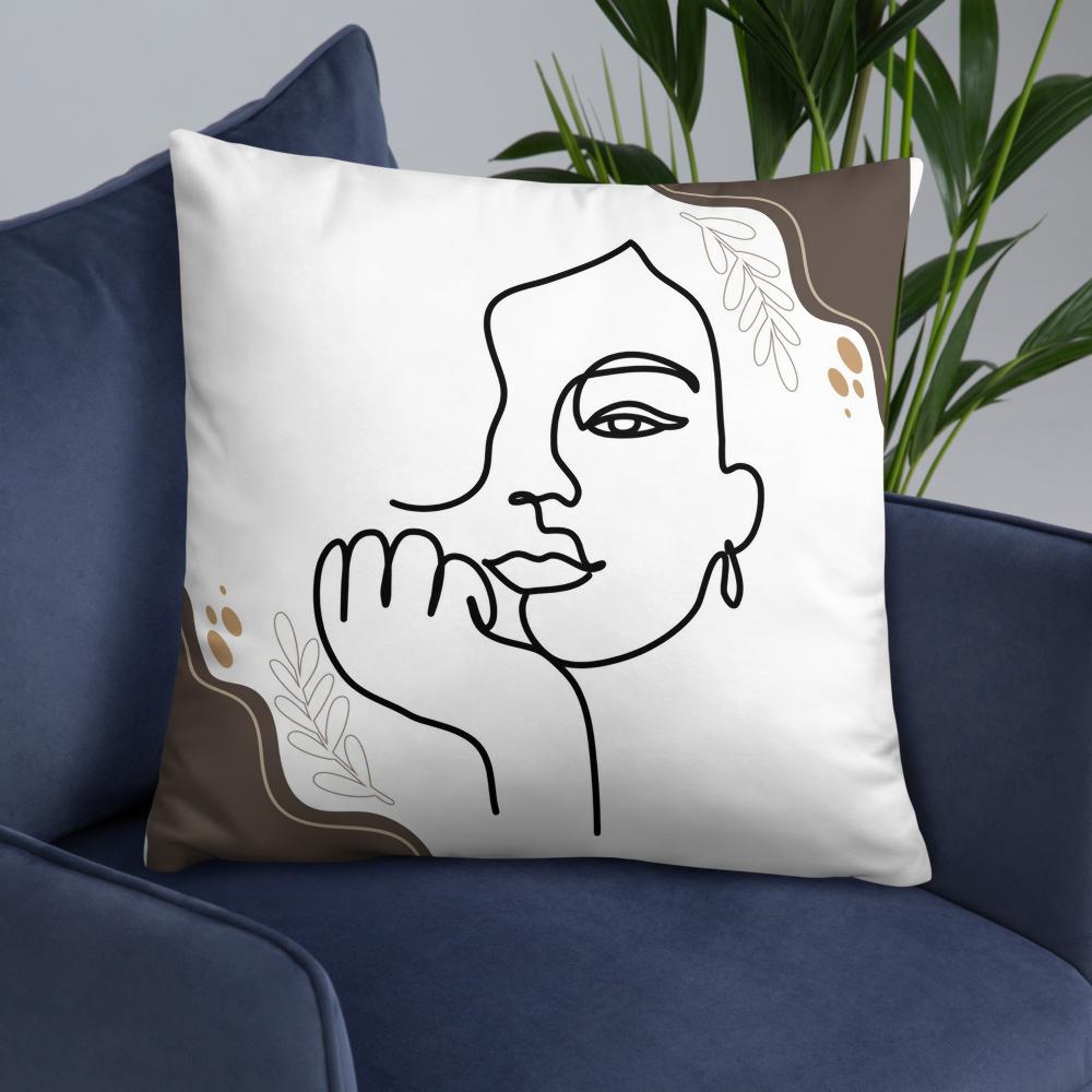 White Throw Pillow with Brown Boho Designs & Minimalist Woman Face Line Art – 22x22”