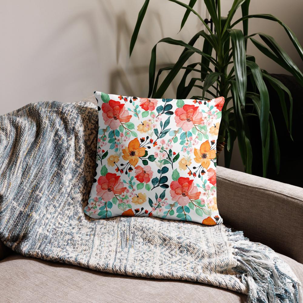 Floral Throw Pillow – 18x18” Pink, Green & Orange Flowers on White Background