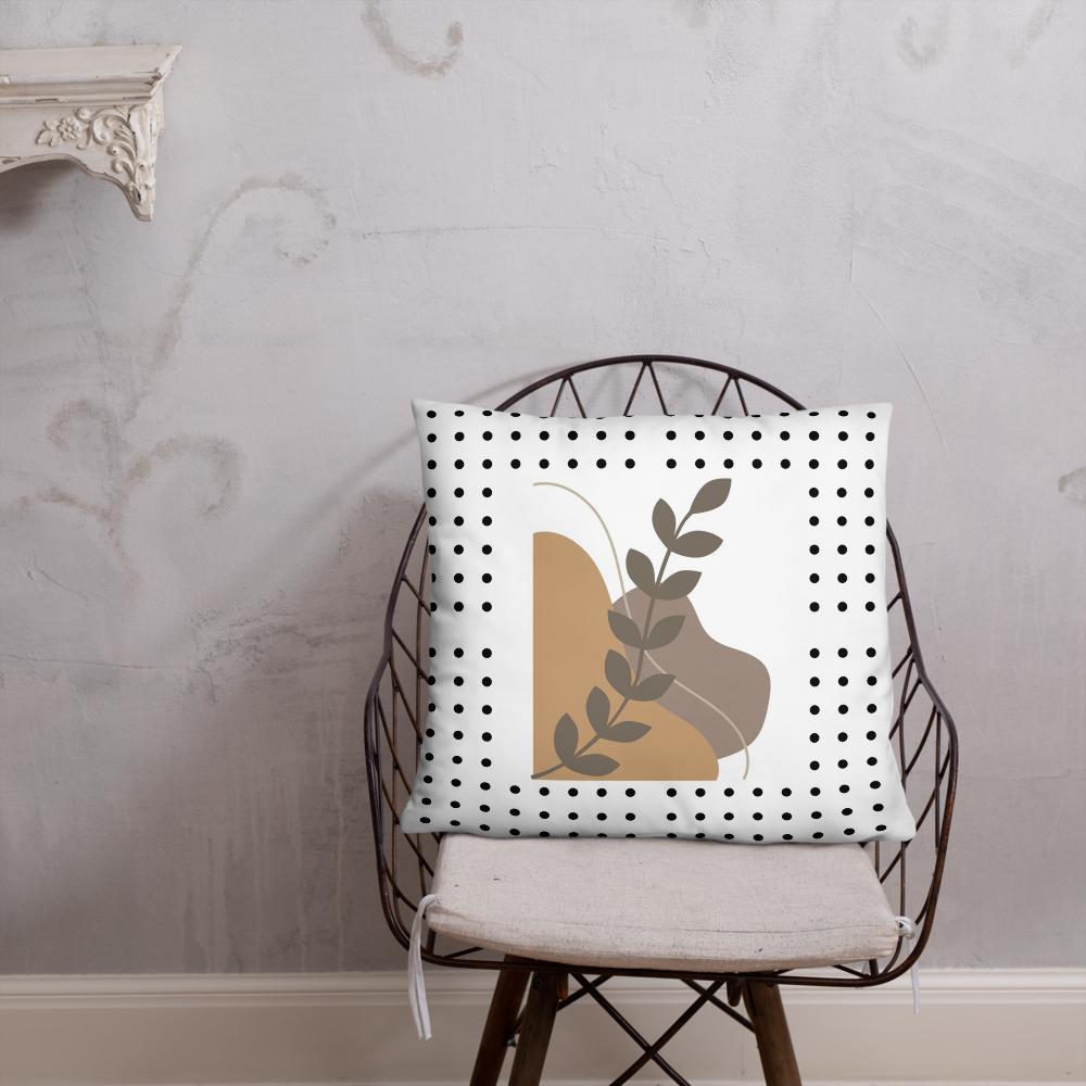 Boho Chic Throw Pillow – 22x22” | Brown Abstract Shapes & Leaf on White