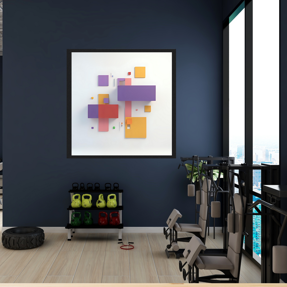 3-Piece Abstract 3D Shape Wall Art – Purple, Yellow & Off-White on White Background (Square Digital Download, 3 Sizes Each)
