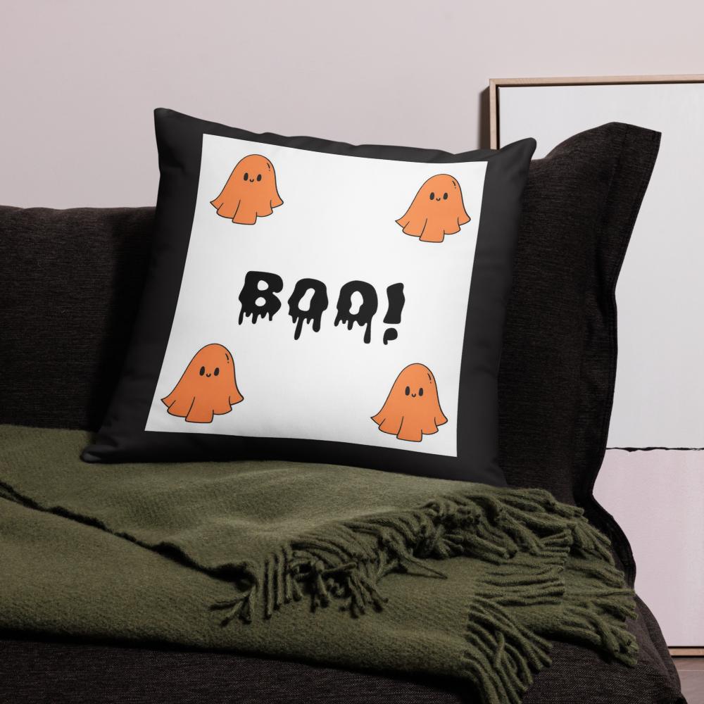 Halloween B.O.O. Throw Pillow – 18x18 Black, White & Orange Accent Cushion