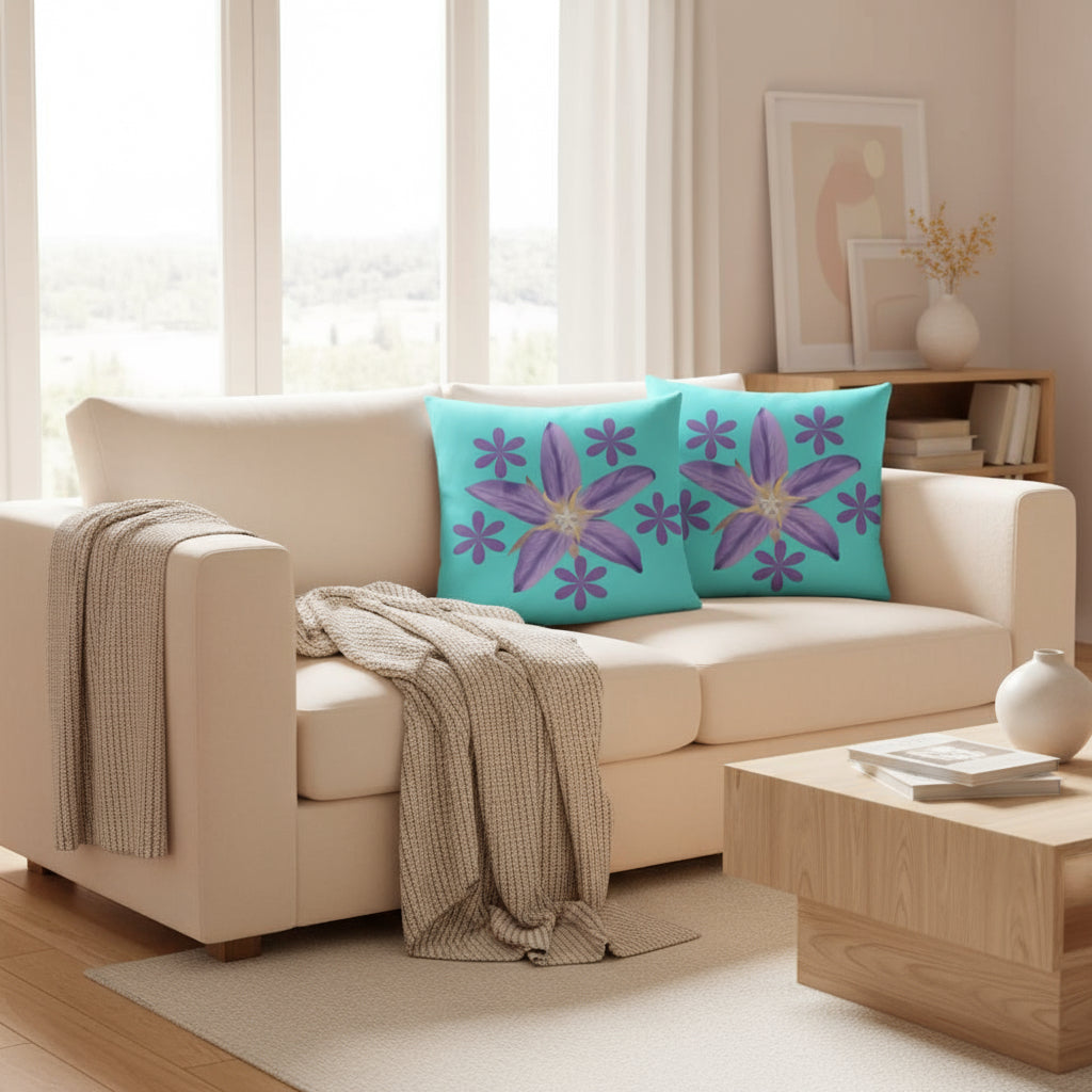 Mint Green Throw Pillow with Purple Flower Cluster – 18x18” | Artistic Floral Centerpiece