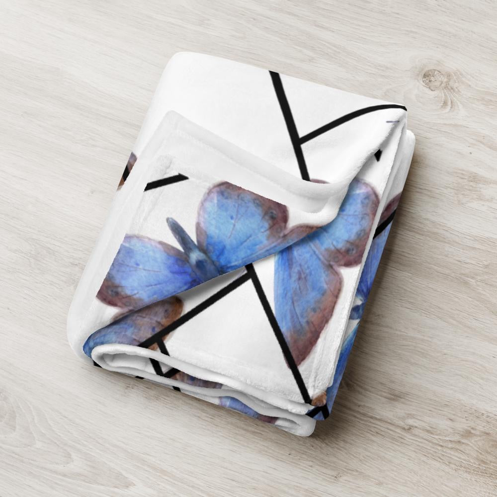 Blue Butterfly Zigzag Throw Blanket – 50x60” Soft White & Black Fleece with Delicate Modern Design