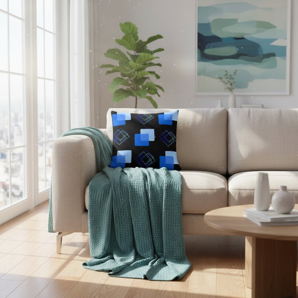 Geometric Blues Throw Pillow – 18×18” Modern Abstract Decor in Black & Mint