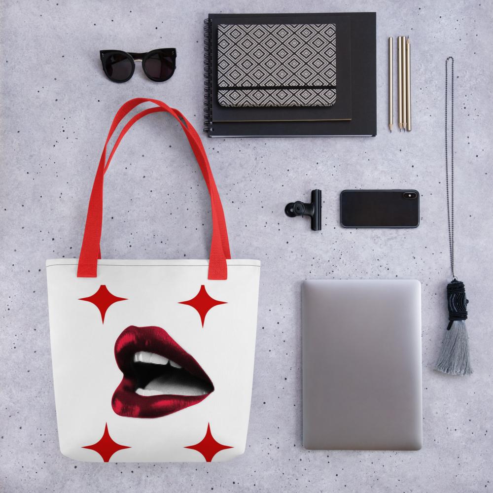 White Tote Bag with Bold Red Lips & Star Corners – 15”x15” Chic Pop-Art Style