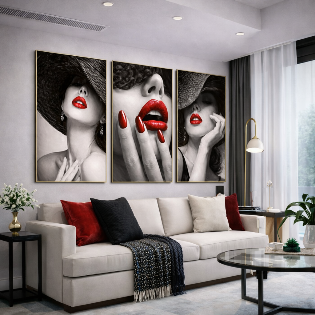 Red Lips Fashion Wall Art Set – Black and White Glam Printable Decor – Modern Luxury Digital Download (11x14, 16x20, 18x24, 24x36)