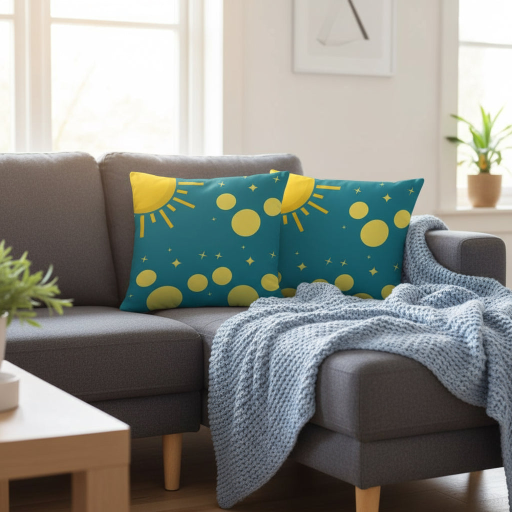 Green Throw Pillow with Sun, Circles & Diamonds – 18x18” | Playful Geometric Accent