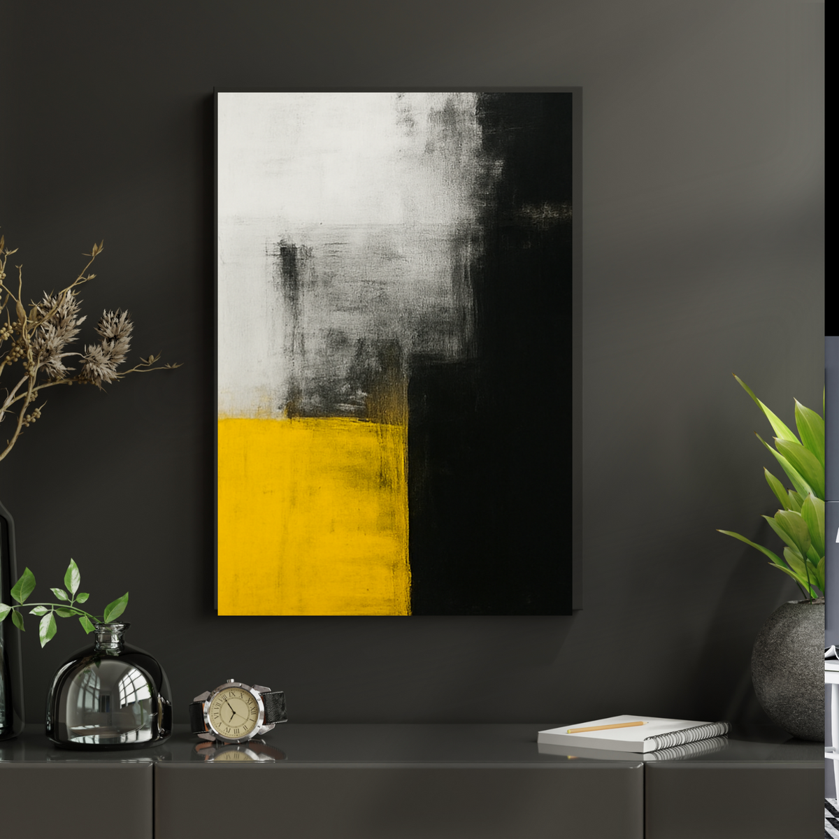 Portrait Abstract Wall Art – Black, Yellow & White Printable Poster (16x20, 18x24, 24x36) – Set of 2 Digital Prints