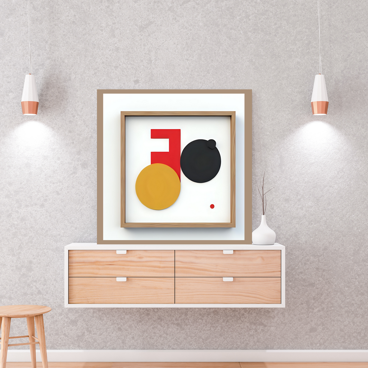 Geometric Abstract Wall Art Set – Red, Yellow, Black & Brown Borders (3 Digital Prints – 16x16, 20x20, 24x24 in)