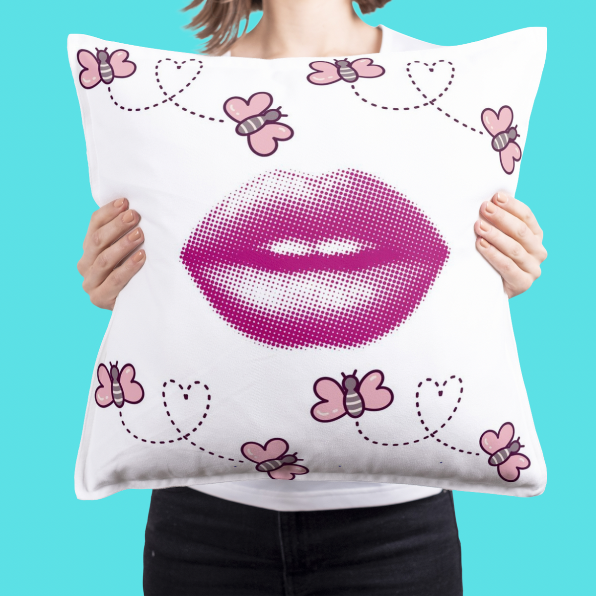 Kiss & Buzz Throw Pillow – Pink Lips and Heart-Trail Bees (18x18”)