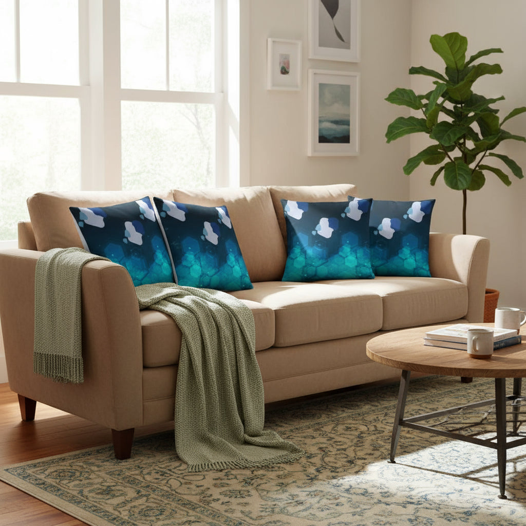 Dark Blue Throw Pillow with Geometric Shapes – 18x18” | Green, Blue & Gray Modern Design