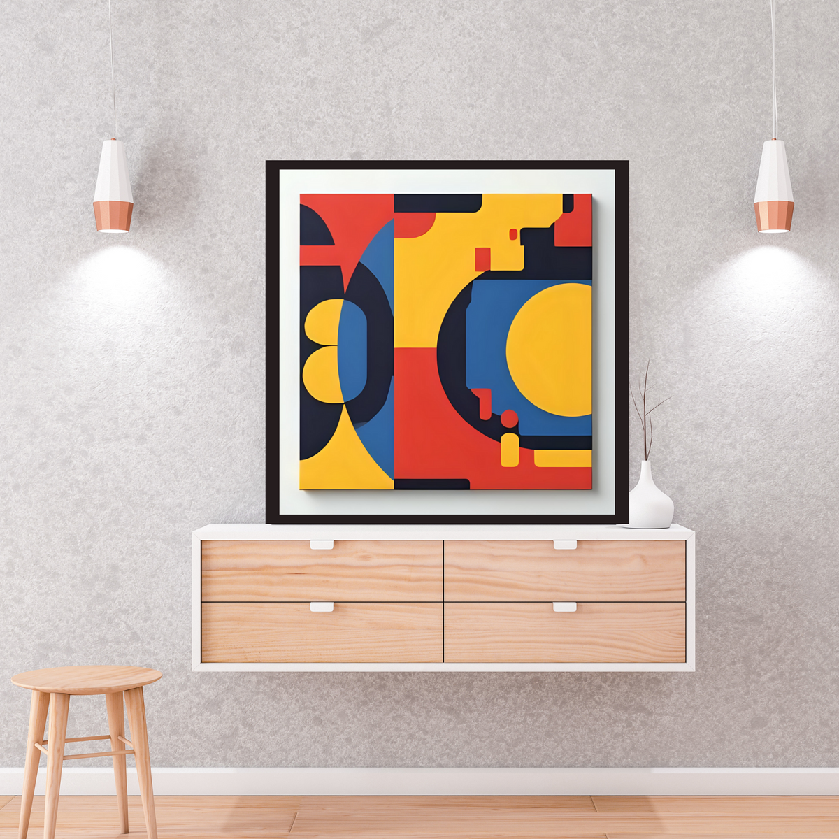 Color Splash Abstract Wall Art Set – Yellow, Red, Blue & Black (3 Digital Prints – 16x16, 20x20, 24x24 in)