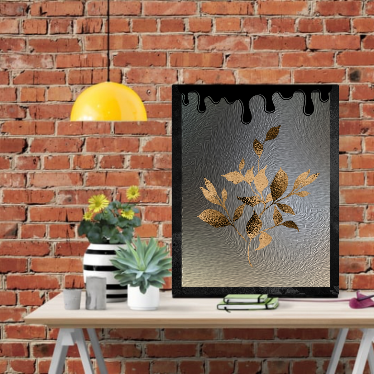 2-Piece Luxury Wall Art Bundle – Black Drips & Metallic Gold Floral Design on Glossy Grey Background (Digital Download, 3 Sizes Each)