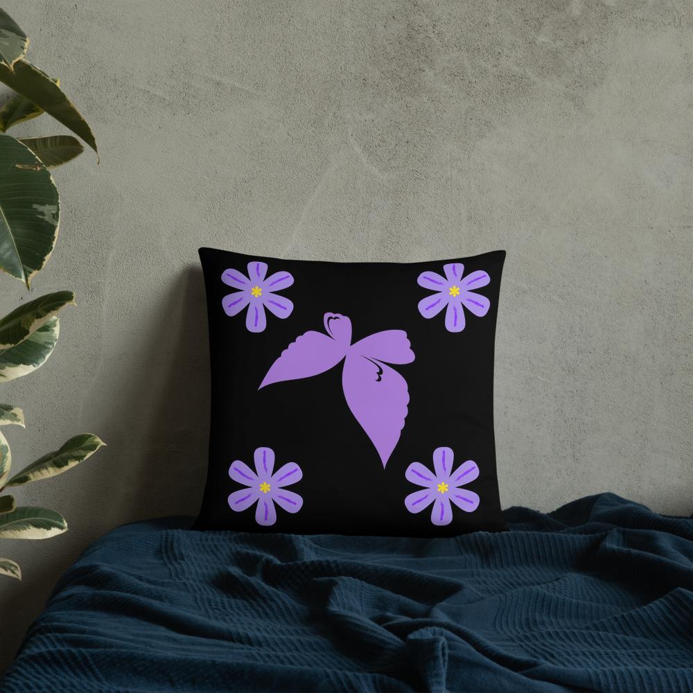 Black Throw Pillow with Purple Flowers & Central Bow – 18x18” | Elegant Floral Accent Cushion