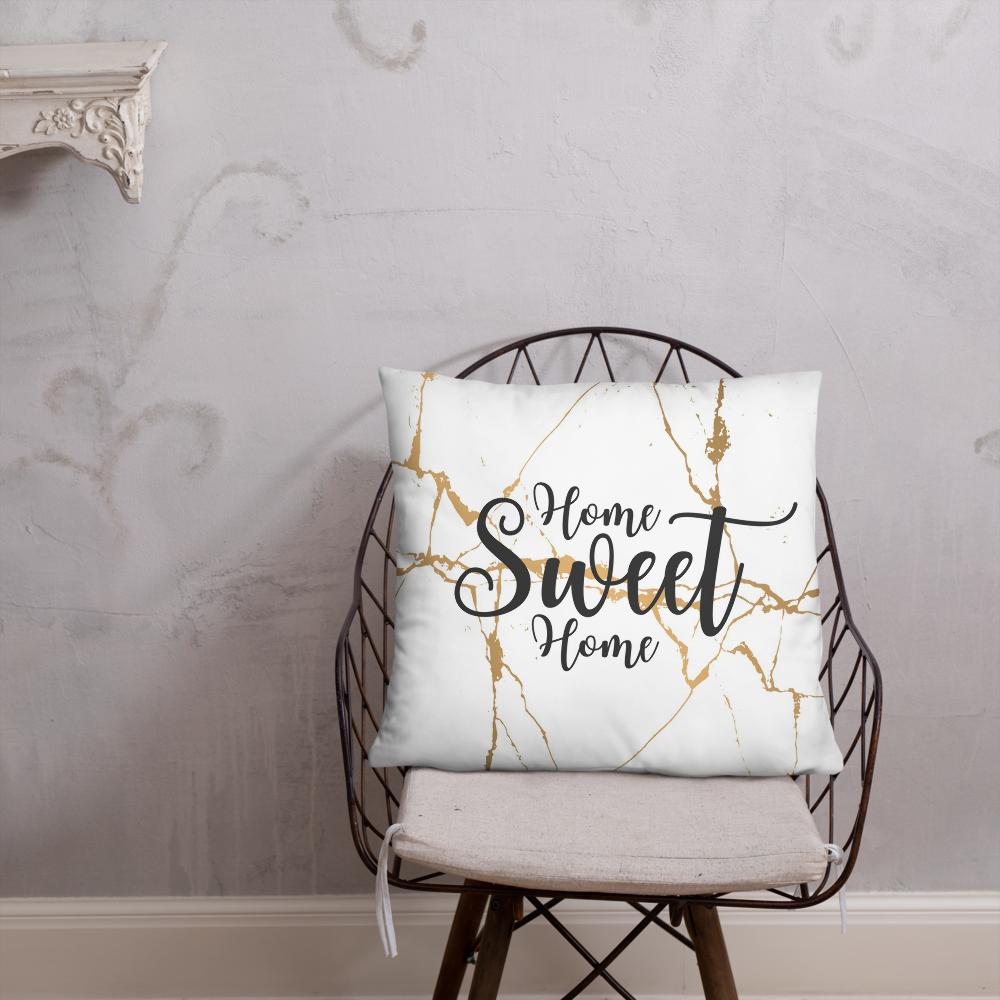 White Throw Pillow with Gold Design – “Home Sweet Home” Decorative Cushion 22x22”