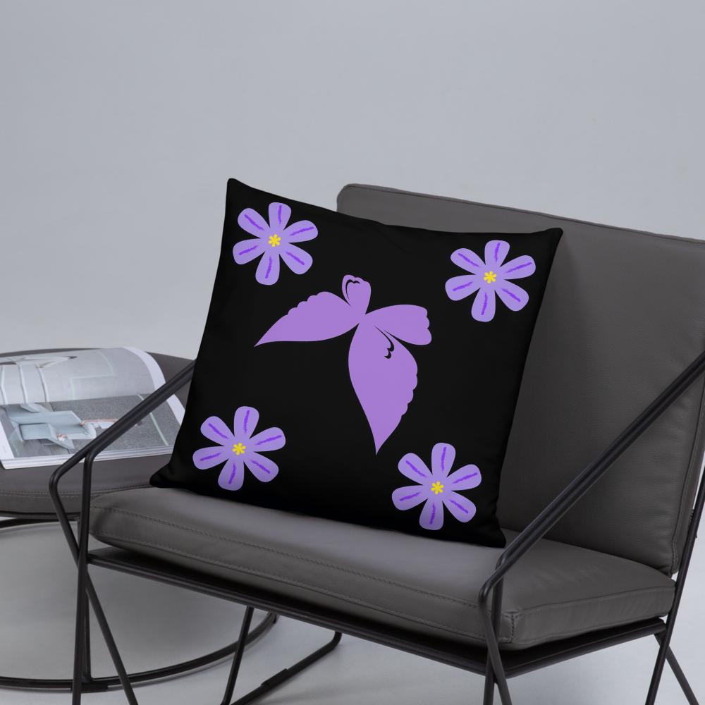 Black Throw Pillow with Purple Flowers & Central Bow – 18x18” | Elegant Floral Accent Cushion