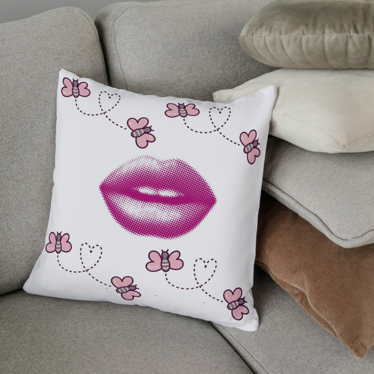 Kiss & Buzz Throw Pillow – Pink Lips and Heart-Trail Bees (18x18”)