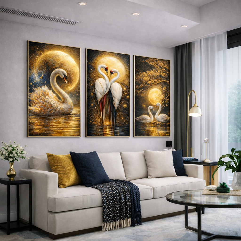 Golden Swan Wall Art Set – Romantic Moonlight Printable Decor – Luxury Love Inspired Digital Download (11x14, 16x20, 18x24, 24x36)
