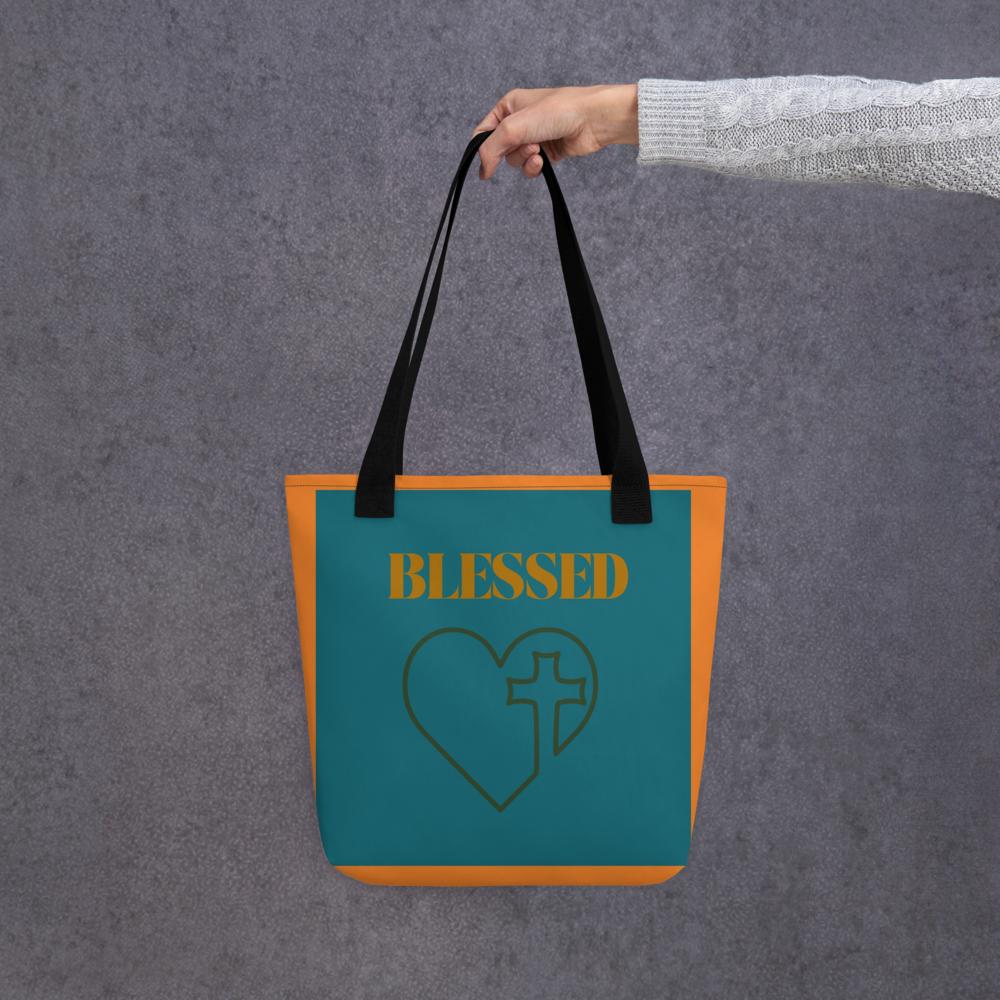 Green & Orange “Blazed with Love” Tote Bag with Cross – 15”x15” Thanksgiving & Everyday Carryall