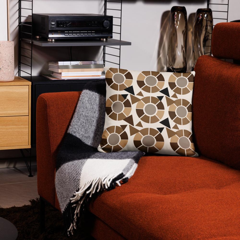 Modern Geometric Throw Pillow – 18x18” Brown, Beige & Black Accent on Light Tan Background