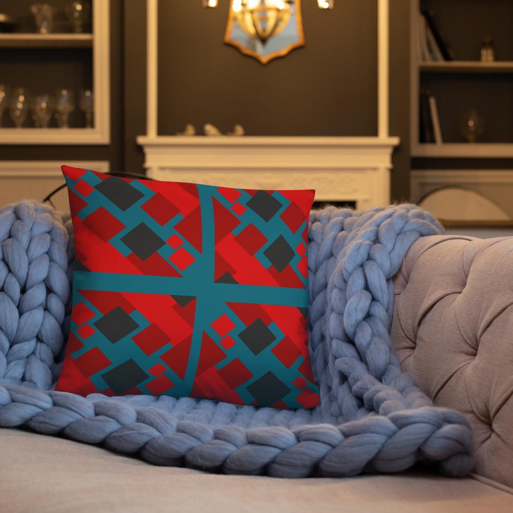 Geometric Red Shapes Throw Pillow – 18x18” | Modern Abstract Decor in Navy Green