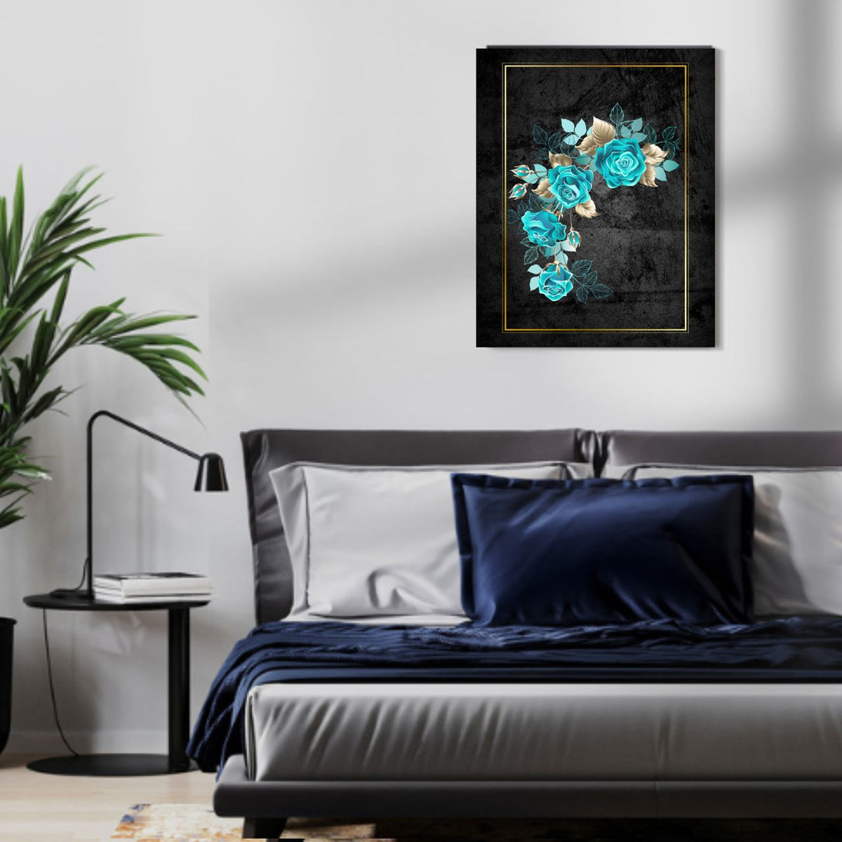 Degeta Wall Art Set of 3 – Green Flora on Glossy Background with Gold Frame Accents (Digital Download)