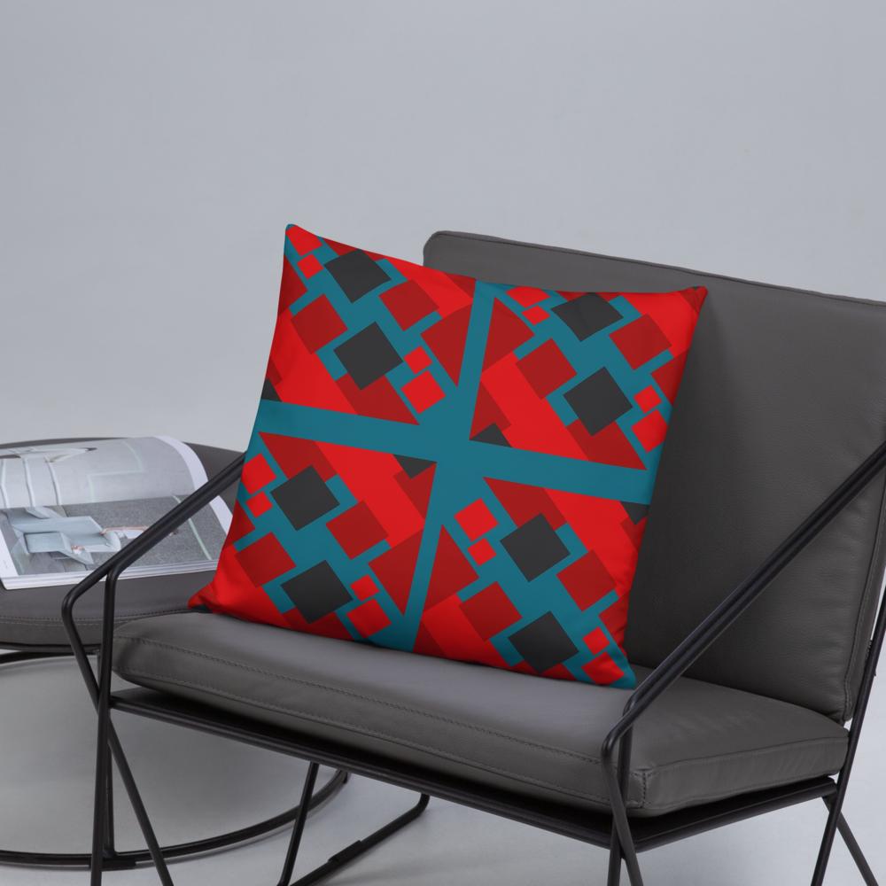 Geometric Red Shapes Throw Pillow – 18x18” | Modern Abstract Decor in Navy Green