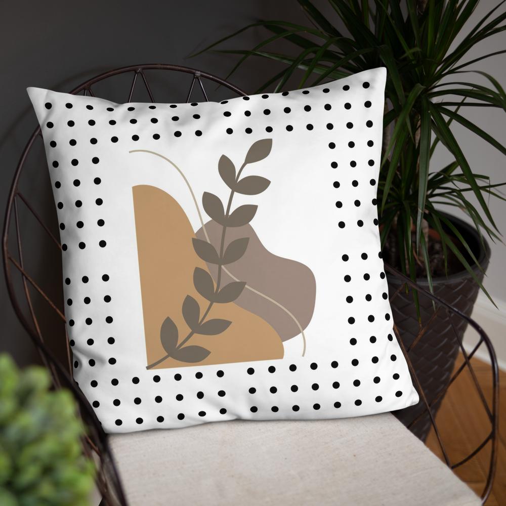 Boho Chic Throw Pillow – 22x22” | Brown Abstract Shapes & Leaf on White