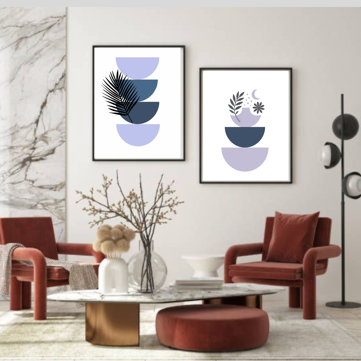Boho Blue & Purple Botanical Wall Art Set – Soft Minimalist Wreath Prints, Modern Bohemian Decor, Digital Download (Set of 2)