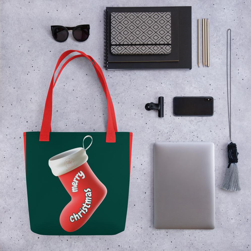 Christmas Tote Bag – Green & Red Festive Reusable Holiday Tote with Christmas Elements