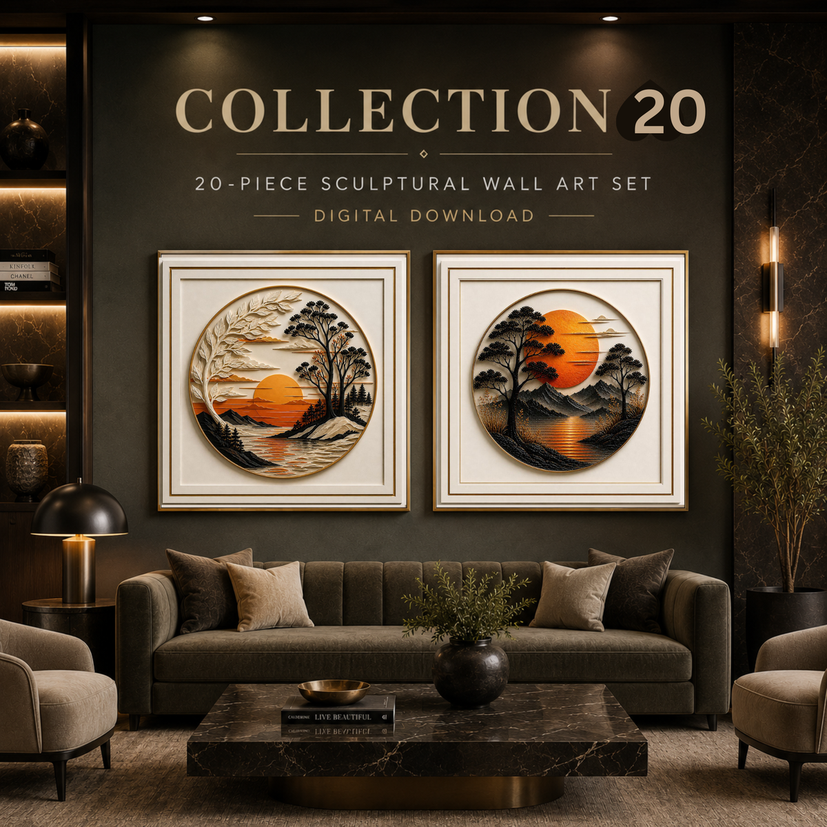 Luxury Nature-Inspired Abstract Wall Art Set – Elegant Square Digital Prints for Homes, Hotels, Restaurants, Offices & Airbnbs