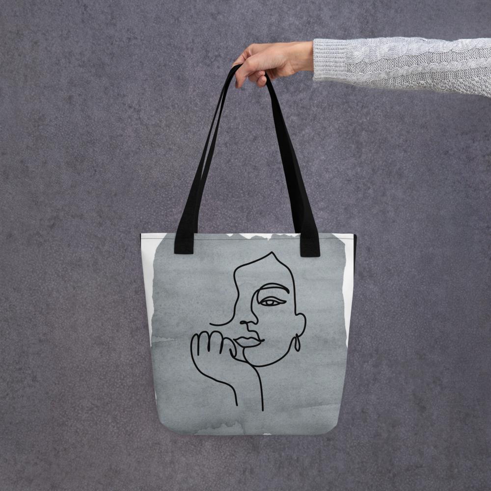 Boho Abstract Art Tote Bag – 15x15 Grey and White Minimalist Reusable Shoulder Bag