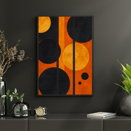 Bold Orange Abstract Wall Art with Yellow & Black Circular Accents – Modern Statement Piece (20x30, 24x36, 28x42 in)