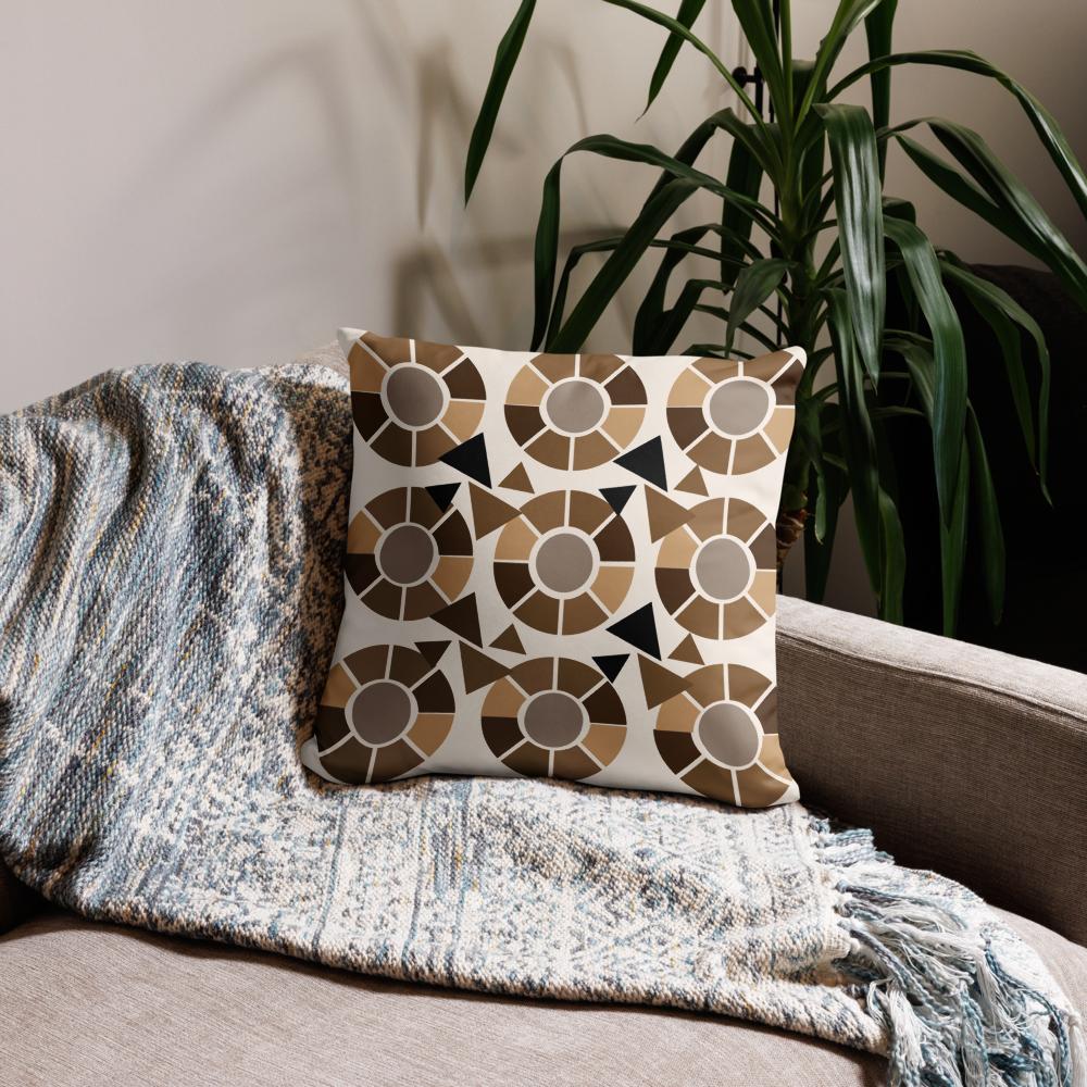 Modern Geometric Throw Pillow – 18x18” Brown, Beige & Black Accent on Light Tan Background