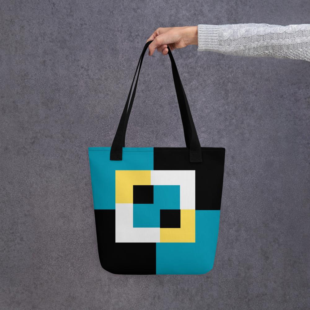 Black, Blue, White & Yellow Abstract Shapes Tote Bag – 15”x15” Modern Art Carryall