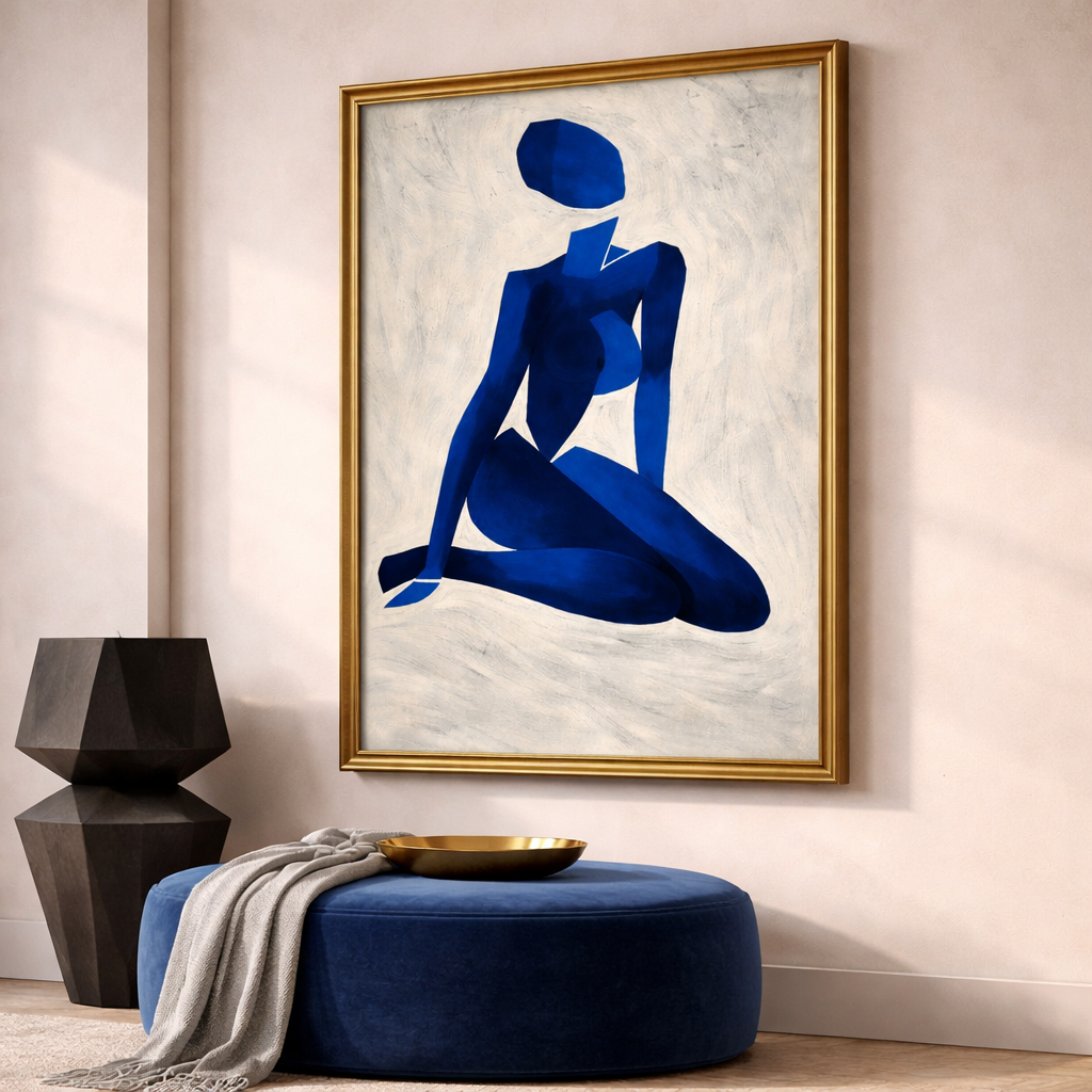 Blue Abstract Feminine Wall Art Set of 2 – Modern Minimalist Navy Figure Prints – Contemporary Bedroom Decor