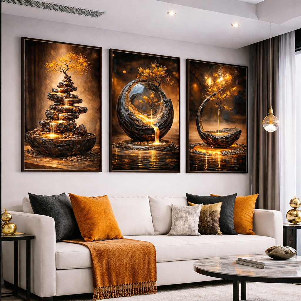 Instant Digital Download – Zen Stone Fountain Wall Art Set of 3 | Warm Gold Abstract Meditation Art | Printable Modern Living Room Decor