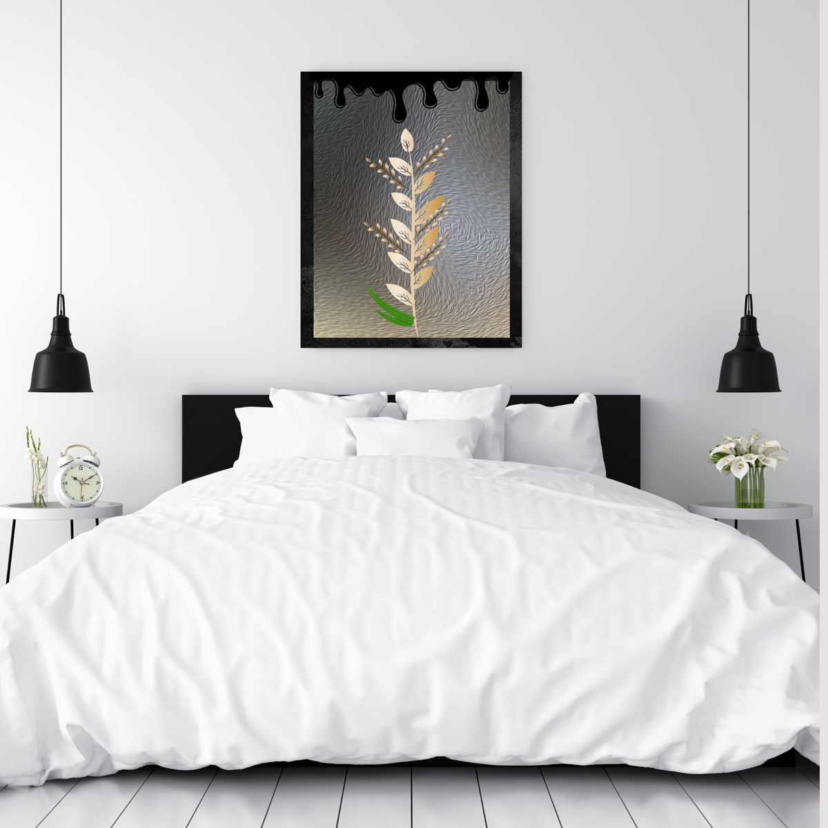 2-Piece Luxury Wall Art Bundle – Black Drips & Metallic Gold Floral Design on Glossy Grey Background (Digital Download, 3 Sizes Each)