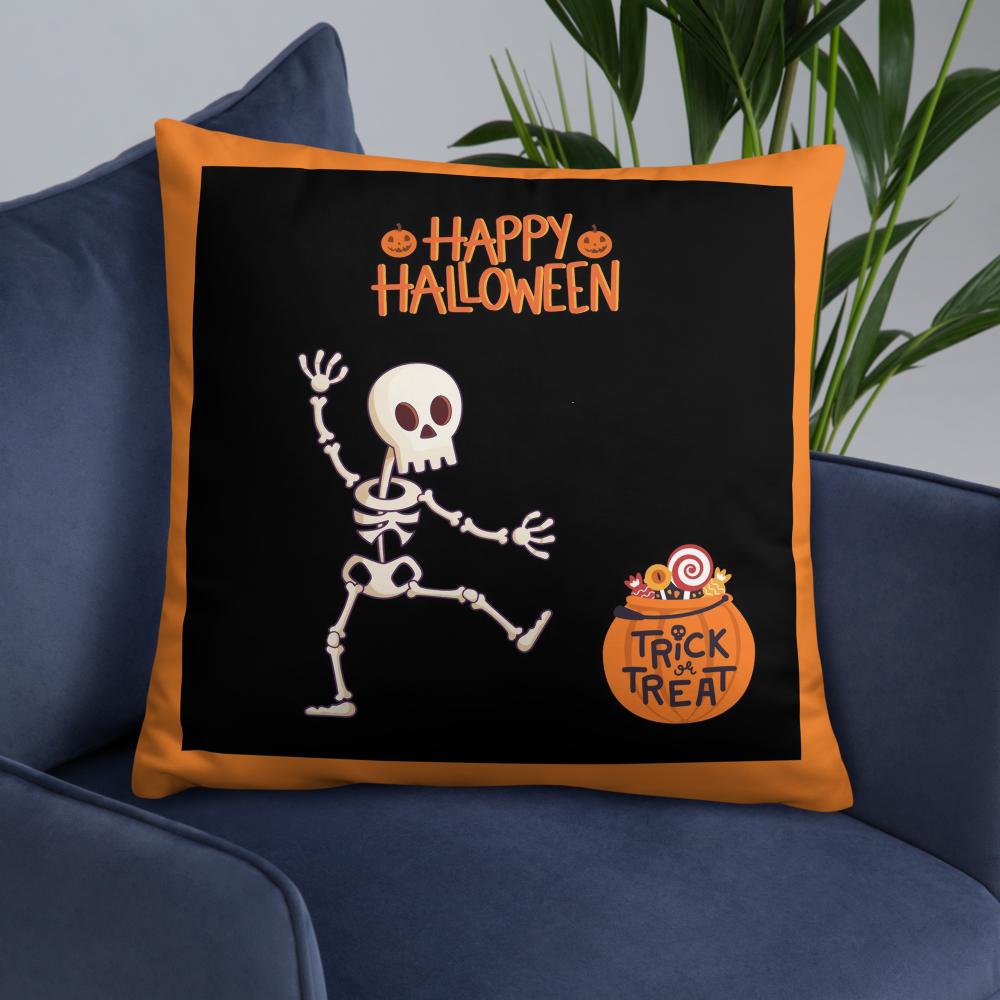 Happy Halloween Skeleton & Candy Treats Throw Pillow – Black & Orange 22x22” Decorative Cushion