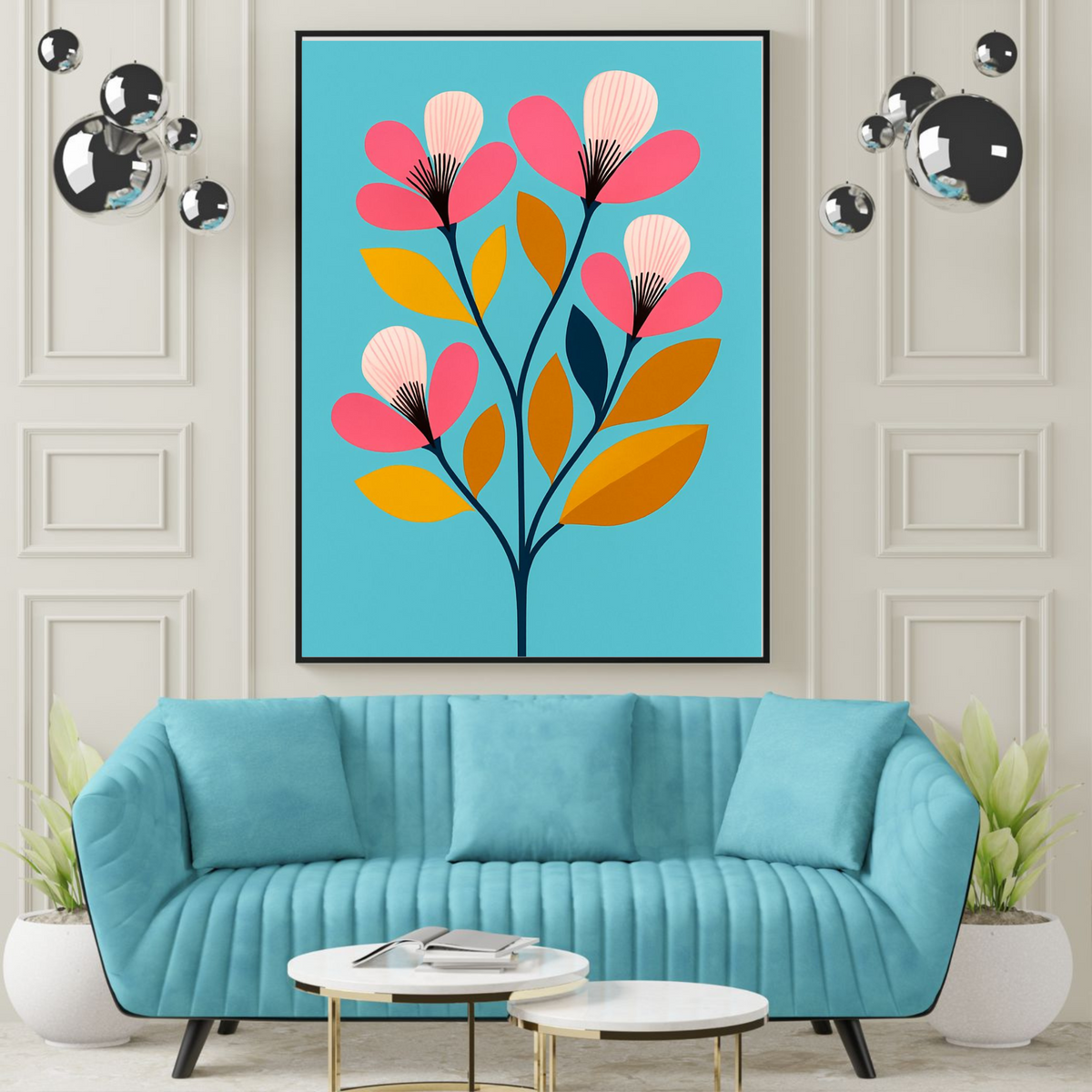 Elegant Botanical Wall Art – Yellow & Pink Floral Print on Blue Background (Digital Download)