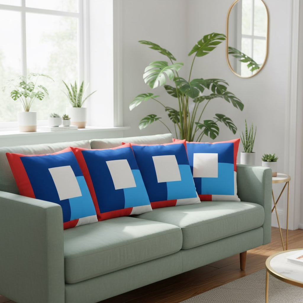 Abstract Red, Blue & White Throw Pillow – Modern Art Accent | 22×22 Inches