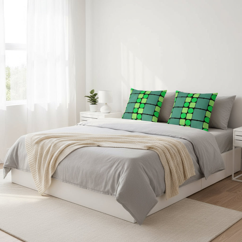 Green Geometric Throw Pillow – 18x18” Square, Circle & Triangle Pattern for Modern Home Décor